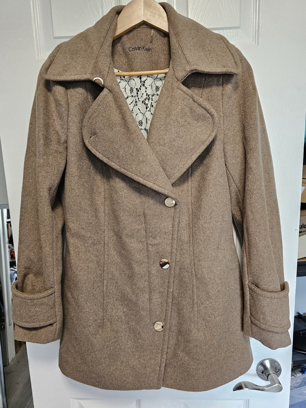 Calvin Klein Single Breasted Wool Blend PeaCoat 8 Tan